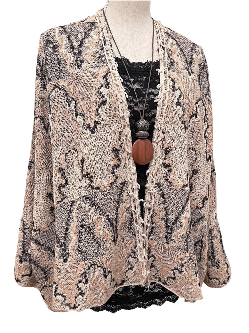 Free People Cotton Knit Butterfly Kimono Beige Black Size Medium